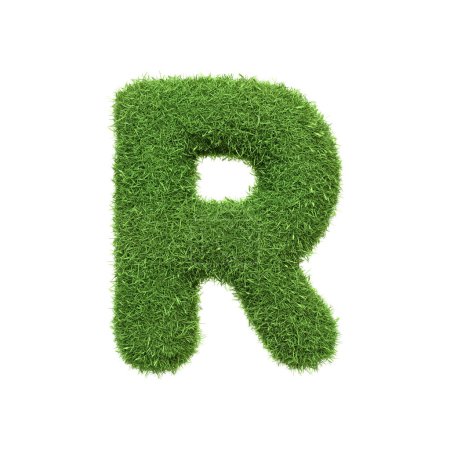 Capital letter R shaped from lush green grass, isolated on a white background. Front view. 3D render illustration