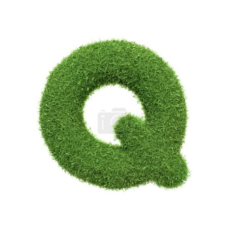 Capital letter Q shaped from lush green grass, isolated on a white background. Front view. 3D render illustration