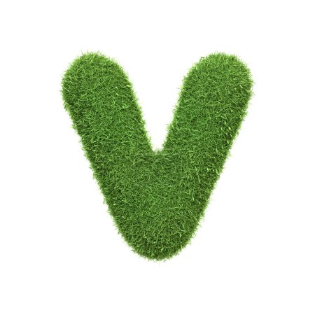 Téléchargez les photos : Lettre majuscule V en forme d'herbe verte luxuriante, isolée sur un fond blanc. Vue de face. Illustration de rendu 3D - en image libre de droit