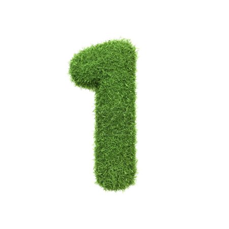 Foto de El número 1 en forma de densa hierba verde, situado sobre un fondo blanco puro. Número uno. Vista frontal. Ilustración de representación 3D - Imagen libre de derechos