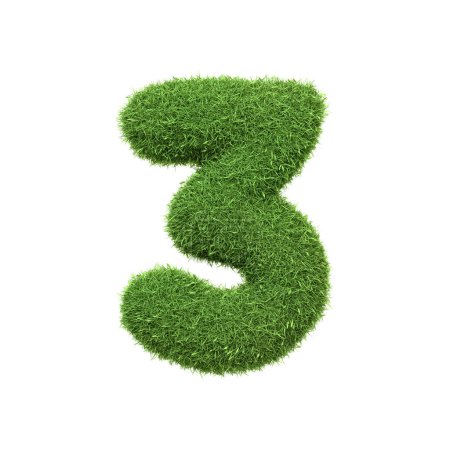 Téléchargez les photos : Le numéro 3 en forme d'herbe verte dense, placé sur un fond blanc pur. Numéro trois. Vue de face. Illustration de rendu 3D - en image libre de droit