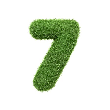 Foto de El número 7 en forma de densa hierba verde, situado sobre un fondo blanco puro. Número siete. Vista frontal. Ilustración de representación 3D - Imagen libre de derechos
