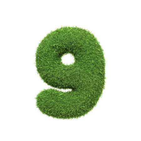 Foto de El número 9 en forma de densa hierba verde, situado sobre un fondo blanco puro. Número nueve. Vista frontal. Ilustración de representación 3D - Imagen libre de derechos