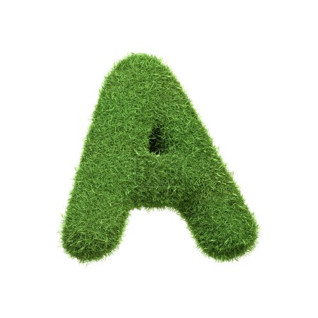 Téléchargez les photos : Lettre majuscule A en forme d'herbe verte luxuriante, isolé sur un fond blanc. Vue latérale. Illustration de rendu 3D - en image libre de droit