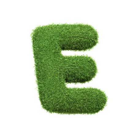 Téléchargez les photos : Lettre majuscule E en forme d'herbe verte luxuriante, isolée sur un fond blanc. Vue latérale. Illustration de rendu 3D - en image libre de droit