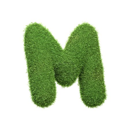 Téléchargez les photos : Lettre majuscule M en forme d'herbe verte luxuriante, isolée sur un fond blanc. Vue latérale. Illustration de rendu 3D - en image libre de droit