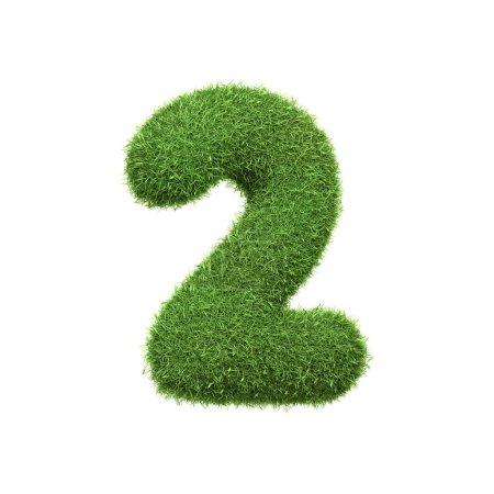 Photo for The number 2 shaped from dense green grass, set against a pure white backdrop. Number two. Front view. 3D render illustration - Royalty Free Image
