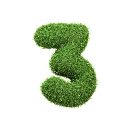 Photo for The number 3 shaped from dense green grass, set against a pure white backdrop. Number Three. Front view. 3D render illustration - Royalty Free Image