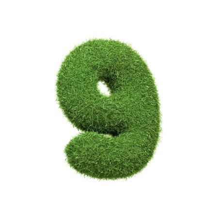 Téléchargez les photos : Le nombre 9 en forme d'herbe verte dense, placé sur un fond blanc pur. Numéro neuf. Vue de face. Illustration de rendu 3D - en image libre de droit