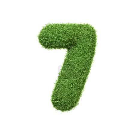 Foto de El número 7 en forma de densa hierba verde, situado sobre un fondo blanco puro. Número siete. Vista frontal. Ilustración de representación 3D - Imagen libre de derechos