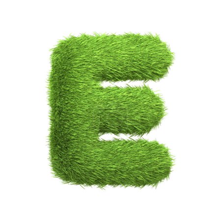 Capital letter E shaped from lush green grass, isolated on a white background. Front view. 3D render illustration