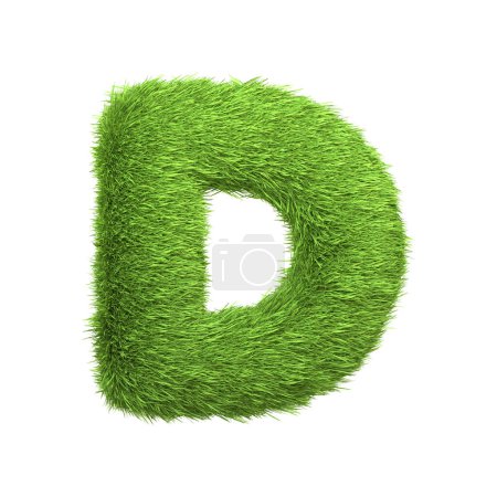Capital letter D shaped from lush green grass, isolated on a white background. Front view. 3D render illustration