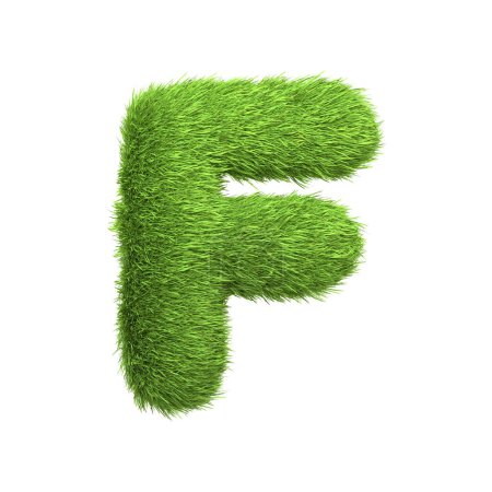 Téléchargez les photos : Lettre majuscule F en forme d'herbe verte luxuriante, isolée sur un fond blanc. Vue de face. Illustration de rendu 3D - en image libre de droit