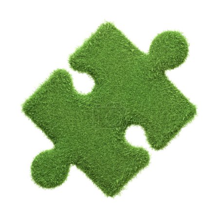 Téléchargez les photos : Pièce de puzzle isolée avec texture d'herbe verte, représentant l'individualité dans des contextes écologiques et environnementaux. Illustration 3D Render - en image libre de droit