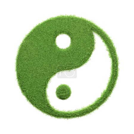 Ein grünes, grasstrukturiertes Yin Yang Symbol, das Harmonie und Ausgewogenheit mit einer umweltbewussten Wendung repräsentiert. 3D Render illustration