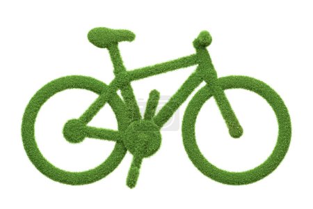 Die kreative Silhouette eines Fahrrades aus sattgrünem Gras, Symbol für umweltfreundlichen Transport, isoliert auf weißem Hintergrund. 3D Render illustration