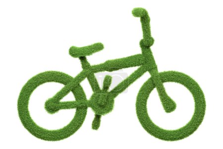 Téléchargez les photos : Un rendu artistique d'un vélo en herbe verte vibrante, représentant un transport durable et respectueux de l'environnement, isolé sur fond blanc. Illustration 3D Render - en image libre de droit