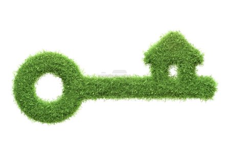 Foto de Una imagen conceptual de una llave hecha de hierba verde con una parte superior en forma de casa, que simboliza la vivienda ecológica y la vida verde, aislada sobre un fondo blanco. Ilustración 3D Render - Imagen libre de derechos