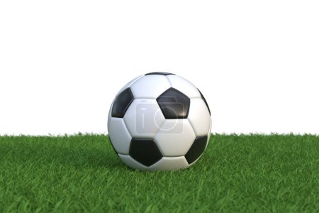 Photo for A traditional black and white soccer ball rests on a vibrant green grass pitch, evoking the spirit and passion of the sport of football. 3D Render illustration - Royalty Free Image