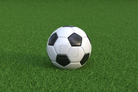 Foto de Una pelota de fútbol tradicional en blanco y negro descansa en un campo de hierba verde vibrante, evocando el espíritu y la pasión del deporte del fútbol. Ilustración 3D Render - Imagen libre de derechos