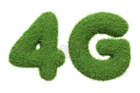 Symbol 4G für die Drahtlostechnologie der vierten Generation, dargestellt in einer lebendigen grünen Grasstruktur, symbolisiert die Verschmelzung von Technologie und Nachhaltigkeit, isoliert auf weißem Hintergrund