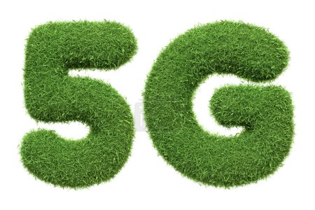Le symbole 5G, indicatif de la norme technologique de cinquième génération pour les réseaux cellulaires à large bande, est représenté avec une texture d'herbe verte isolée sur un fond blanc. Illustration 3D Render