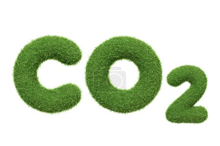 Das chemische Symbol CO2, dargestellt mit einer grünen Grasstruktur, unterstreicht das Konzept, den CO2-Fußabdruck auf umweltfreundliche Weise zu reduzieren, isoliert auf weiß. 3D Render illustration