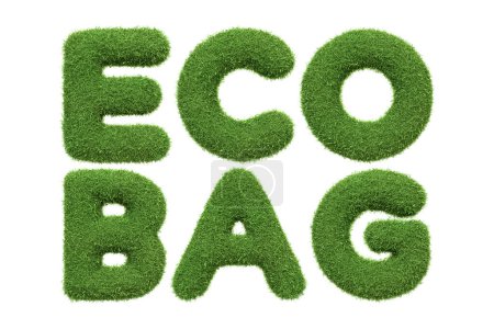 Téléchargez les photos : L'expression ECO BAG a été conçue dans une texture luxuriante d'herbe verte, promouvant des alternatives réutilisables et durables aux plastiques à usage unique, isolés sur un fond blanc. Illustration 3D Render - en image libre de droit
