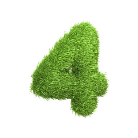 The number 4 shaped from dense green grass, set against a pure white backdrop. Number four. Front view. 3D render illustration