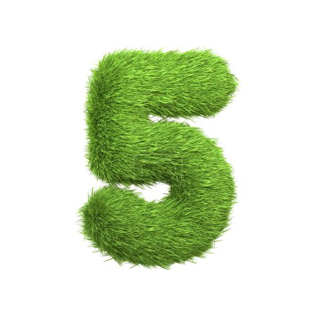 The number 5 shaped from dense green grass, set against a pure white backdrop. Number five. Front view. 3D render illustration