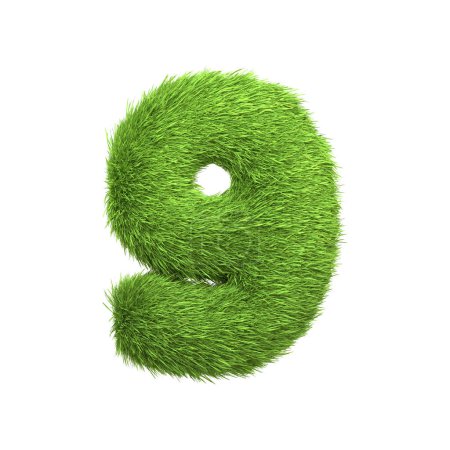 Photo for The number 9 shaped from dense green grass, set against a pure white backdrop. Number nine. Front view. 3D render illustration - Royalty Free Image