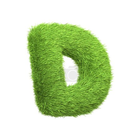 Téléchargez les photos : Lettre majuscule D en forme d'herbe verte luxuriante, isolée sur un fond blanc. Vue latérale. Illustration de rendu 3D - en image libre de droit