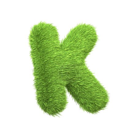Téléchargez les photos : Lettre majuscule K en forme d'herbe verte luxuriante, isolée sur un fond blanc. Vue latérale. Illustration de rendu 3D - en image libre de droit