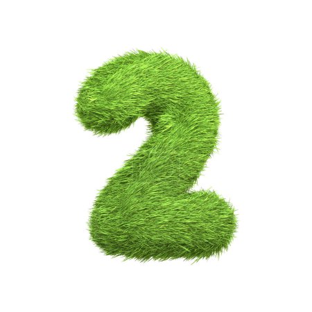 Photo for The number 2 shaped from dense green grass, set against a pure white backdrop. Number two. Front view. 3D render illustration - Royalty Free Image