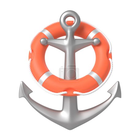Shiny silver anchor entwined with a vibrant orange lifebuoy, isolated on a white background. 3D render illustration