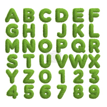 Complete set of alphabet letters and numerals from zero to nine with a lush green grass texture, isolated on white background. Eco-friendly concept. Front view. 3D render illustration