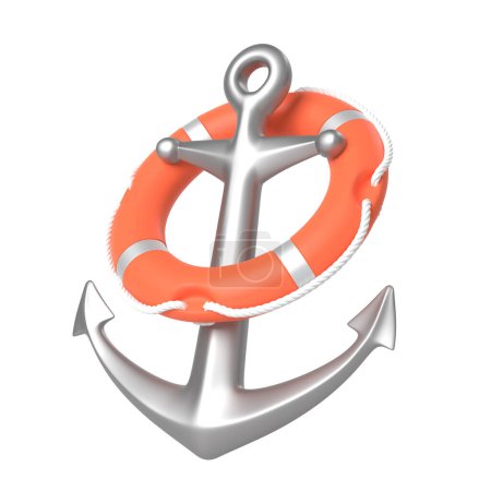 Silver anchor wrapped with an orange lifebuoy, symbolizing maritime safety, on a white background. 3D render illustration