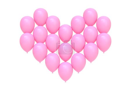 Téléchargez les photos : Un amas de ballons roses formant un cœur sur un fond blanc, symbolisant l'amour et la célébration. Illustration de rendu 3D - en image libre de droit