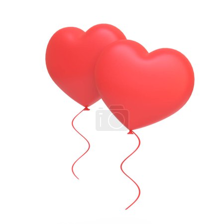 Téléchargez les photos : Paire de ballons rouges en forme de cœur avec des rubans élégants sur fond blanc, symbolisant des célébrations romantiques et des occasions spéciales. Illustration de rendu 3D - en image libre de droit