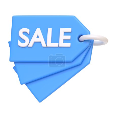 Etiquetas de venta azul apiladas con letras SALE blancas elevadas, aisladas sobre un fondo blanco. Descuentos y eventos promocionales. Ilustración de representación 3D