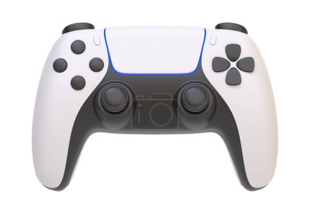 Téléchargez les photos : Un contrôleur de jeu contemporain en blanc avec des accents bleus élégants, isolé sur un fond blanc. Illustration de rendu 3D - en image libre de droit