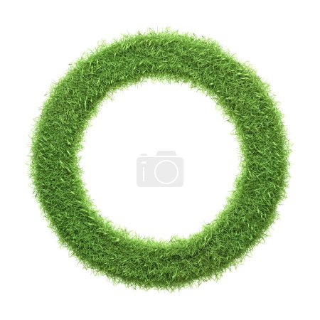 Téléchargez les photos : Anneau ou cadre circulaire entièrement composé d'herbe verte vibrante isolée sur un fond blanc, parfait pour des motifs design durables. Illustration de rendu 3D - en image libre de droit