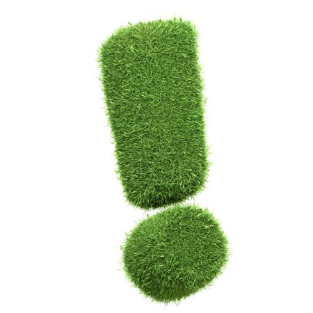 Photo for A punctuation exclamation mark symbol made of green grass isolated on a white background, representing excitement or importance in nature themes, isolated on white. 3D render illustration - Royalty Free Image