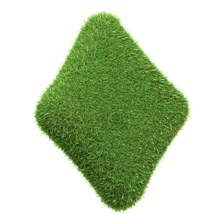 Téléchargez les photos : As de diamants jouant au symbole de la carte, représenté avec une texture d'herbe verte, isolé sur un fond blanc. Illustration de rendu 3D - en image libre de droit