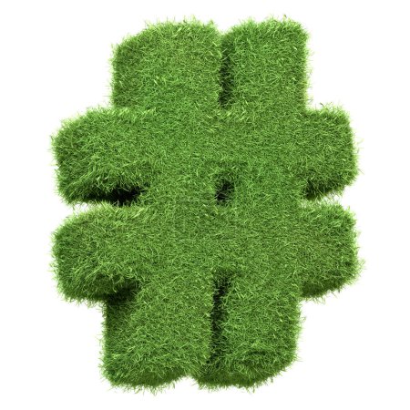 Ein Hashtag-Symbol aus grünem Gras isoliert auf weißem Hintergrund, das Trendthemen zu Nachhaltigkeit und Umweltbewusstsein im digitalen Raum repräsentiert. 3D-Darstellung