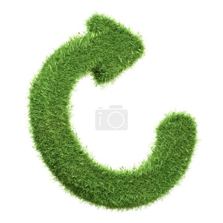 Ein kreisförmiger Pfeil aus grünem Gras, der Recycling, umweltfreundliche Prozesse und den Kreislauf der Natur symbolisiert, isoliert auf weiß. 3D-Darstellung