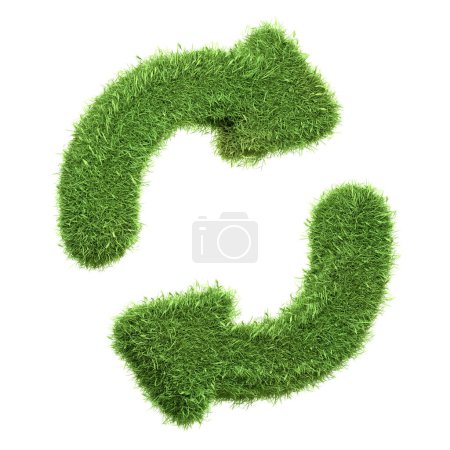 Ein Refresh oder Reload-Symbol aus grünem Gras isoliert auf weißem Hintergrund, das das Konzept der Erneuerung und nachhaltigen Kreisläufe in Technologie und Natur repräsentiert. 3D-Darstellung