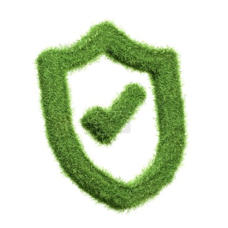 Foto de Una marca de verificación texturizada de hierba verde dentro de un escudo, que simboliza protección, aprobación y compromiso con la sostenibilidad ambiental y la seguridad aislada sobre un fondo blanco. Ilustración de representación 3D - Imagen libre de derechos