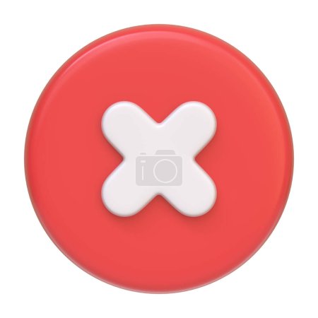 Téléchargez les photos : Gros plan d'un bouton rouge brillant comportant une croix blanche proéminente, symbolisant une erreur ou une annulation isolée sur un fond blanc. Icône, signe et symbole 3D. Vue de face. Illustration 3D Render - en image libre de droit
