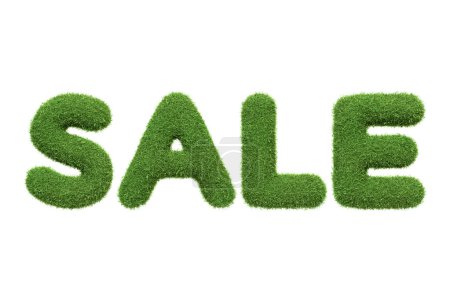 Le mot VENTE dans une texture d'herbe verte fraîche, représentant le shopping écologique et le consumérisme vert, isolé sur un fond blanc. Illustration 3D Render
